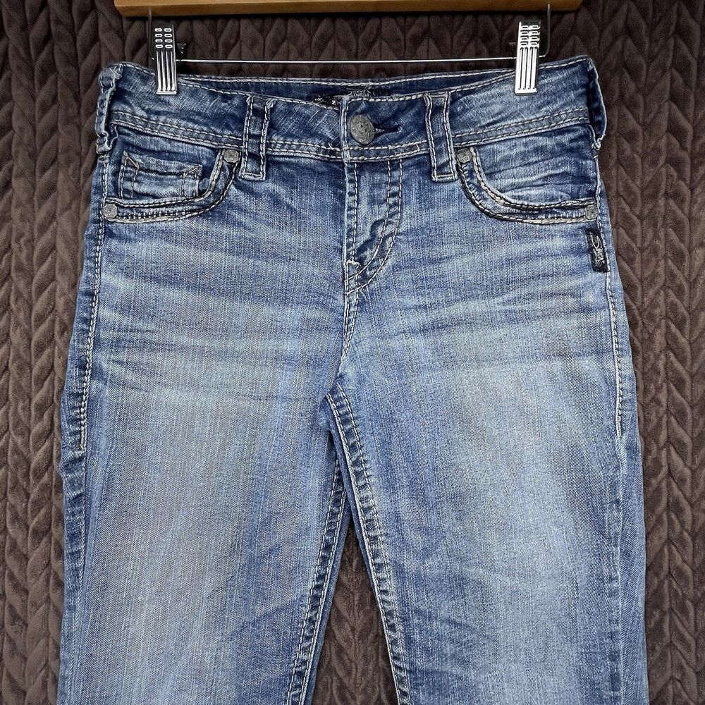 Silver Jeans Suki Mid Rise Baby Bootcut 27x33 Blue Stretch Denim Embroidered
